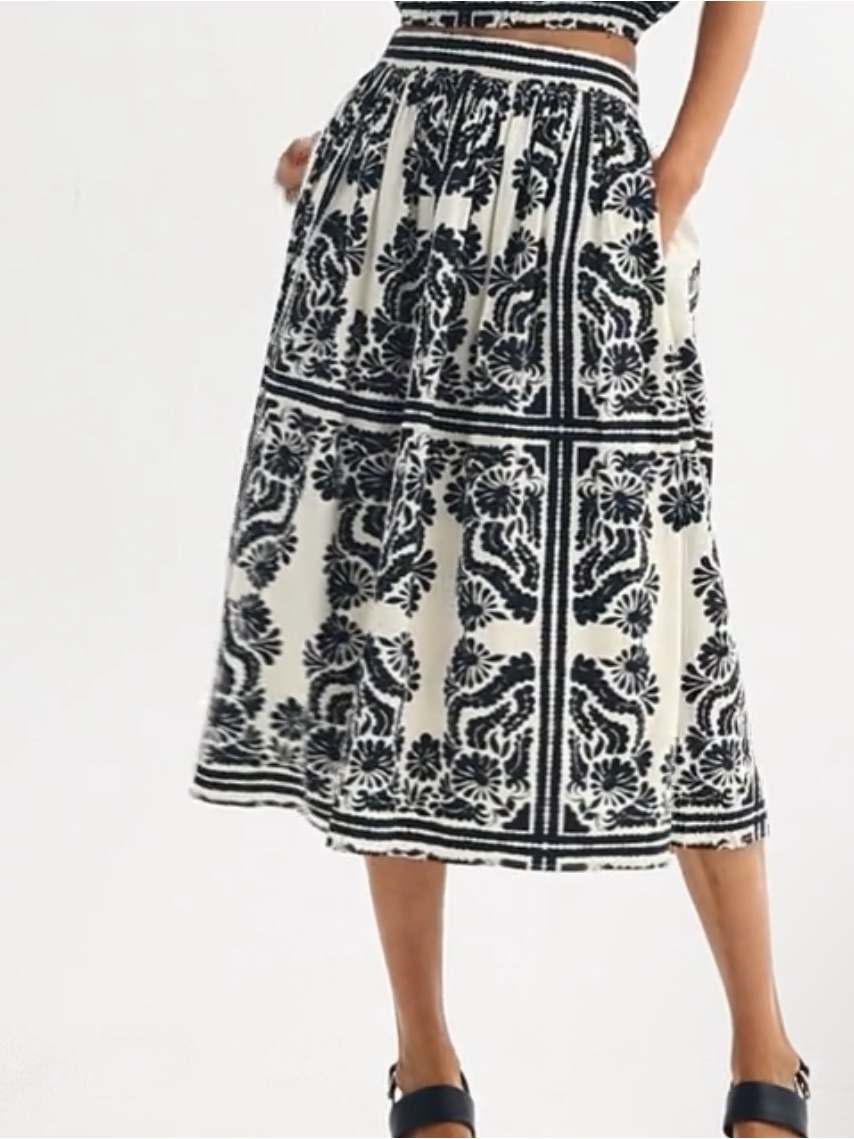 Catherine Malandrino Batik Print Midi Skirt Black White Size Xl Nwt